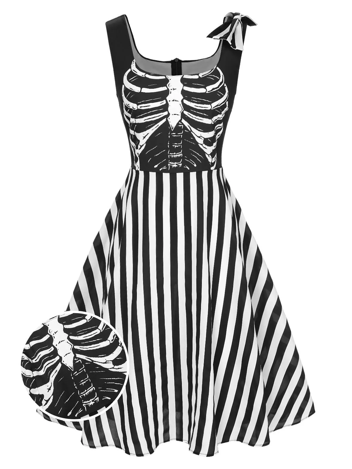 Black 1950s Halloween Skeleton Vertical Stripes Dress