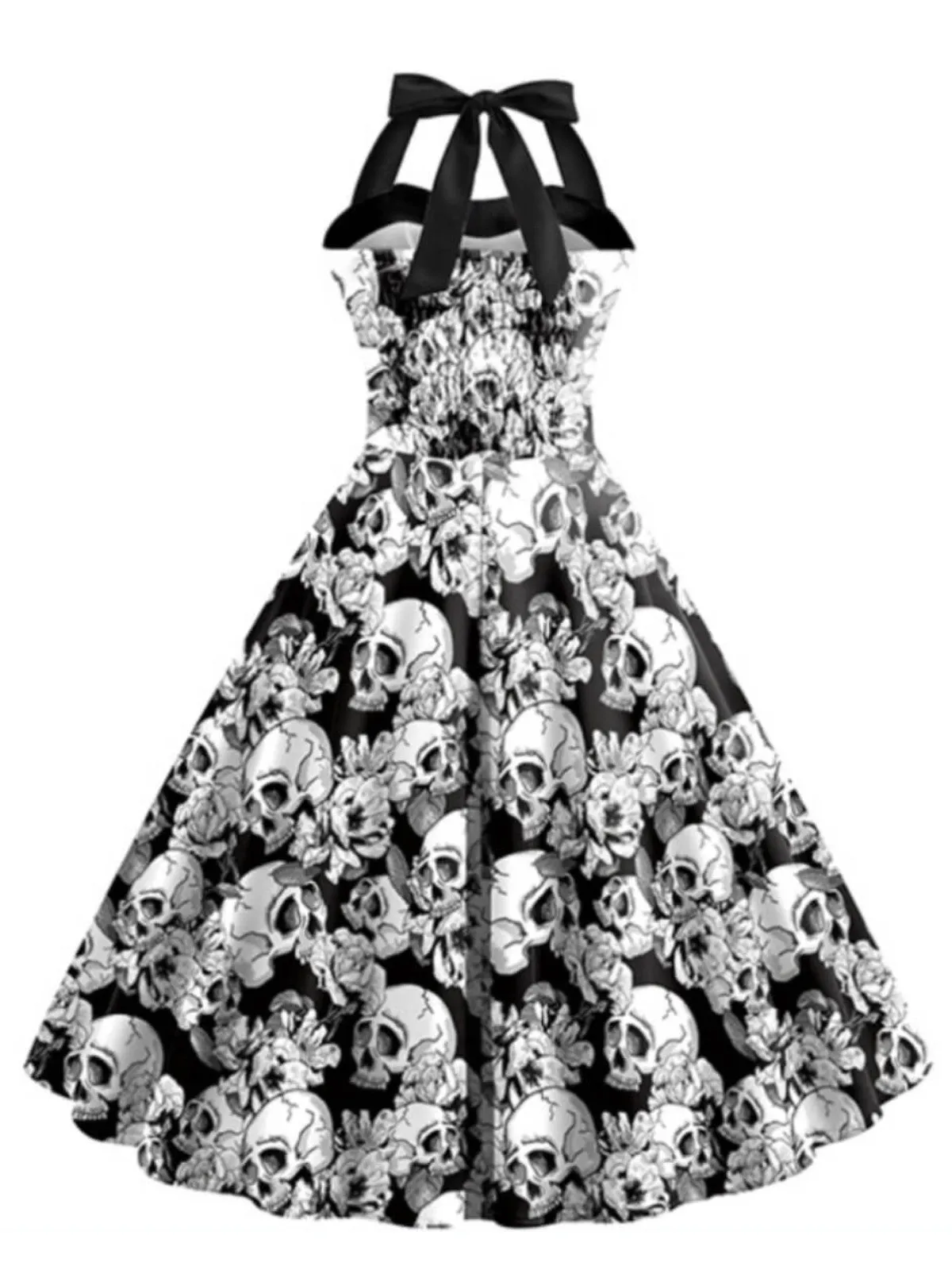 Black & White 1950s Halloween Skull Halter Dress