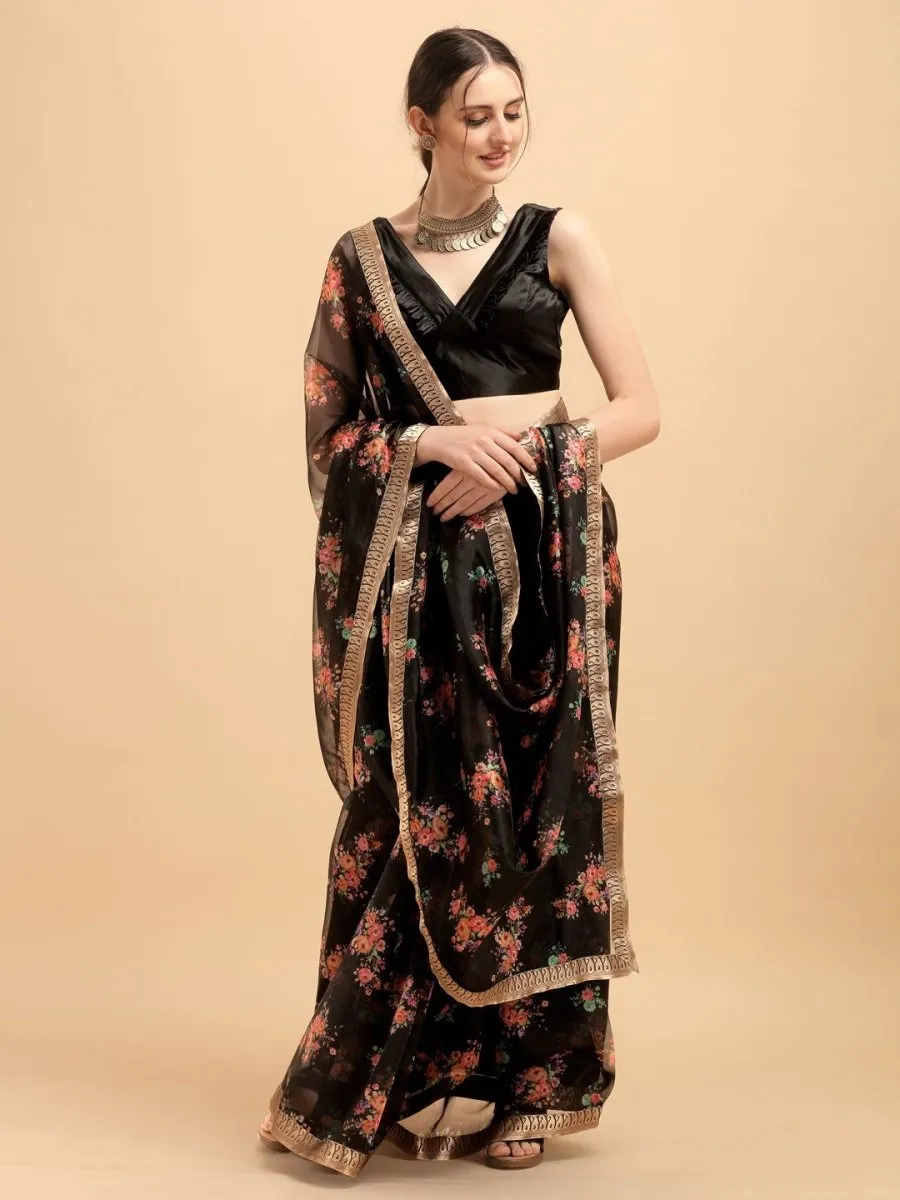 Black Digital Print Lace Bordered Saree with Blouse