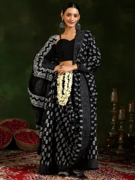 Black Printed Cotton Saree With Unstitched Blouse Piece