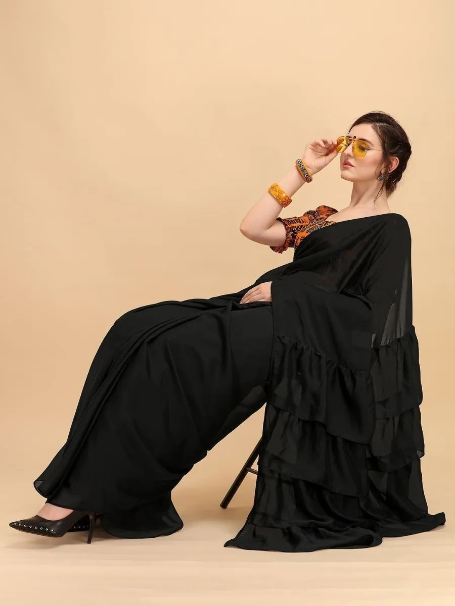 Black Solid Ruffled Saree with Printed Blouse