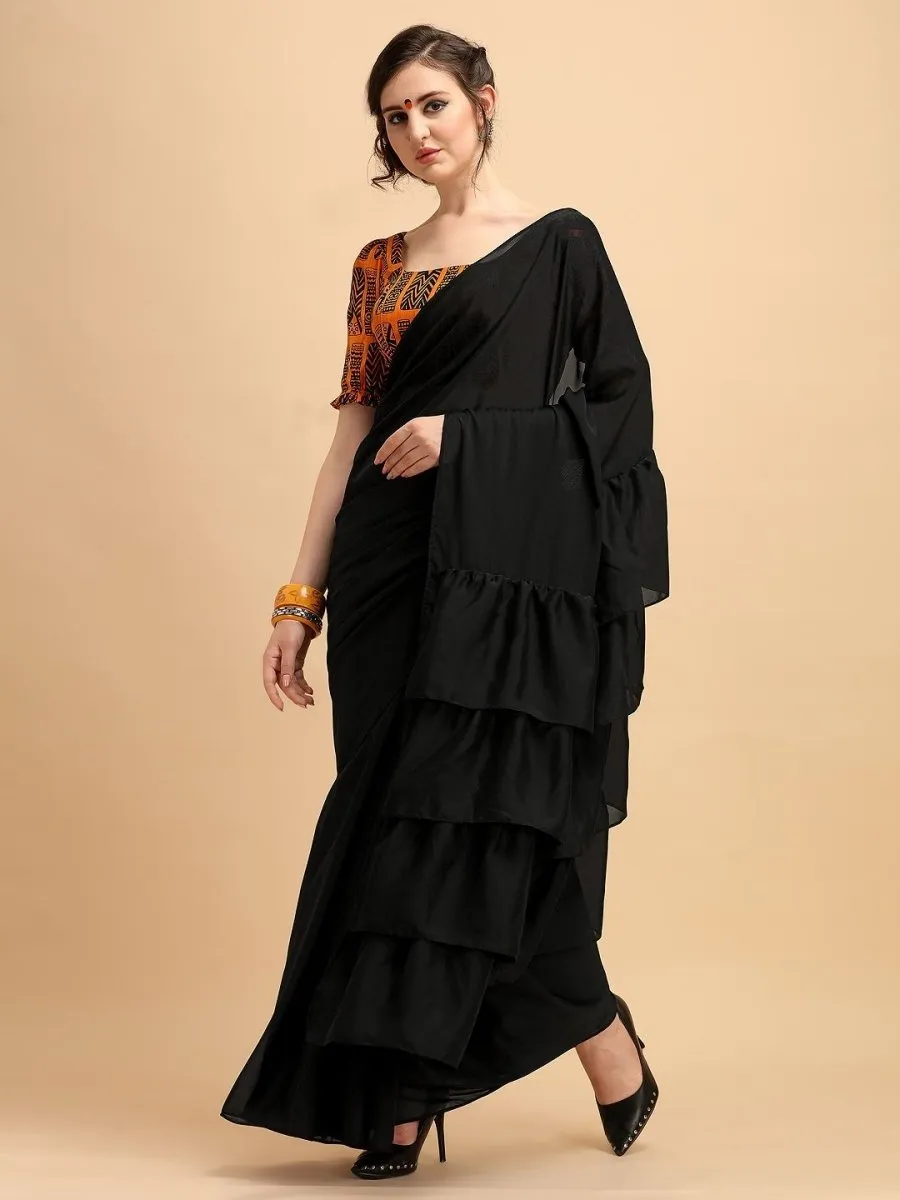 Black Solid Ruffled Saree with Printed Blouse