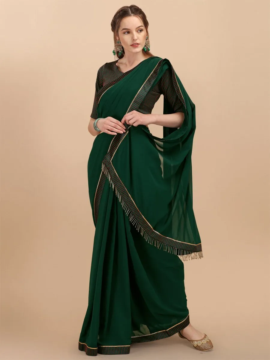 Bottle Green & Gold-Toned Solid Woven Design Saree