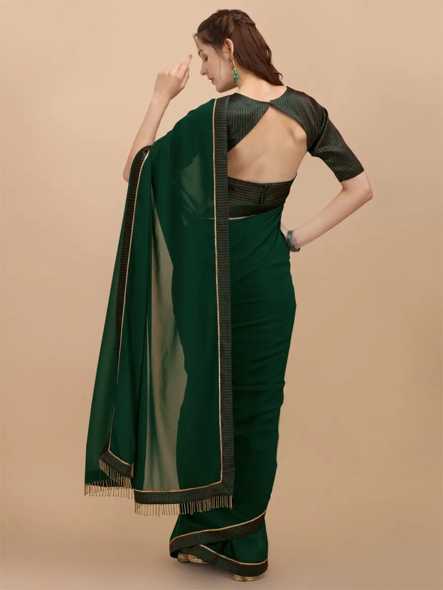 Bottle Green & Gold-Toned Solid Woven Design Saree