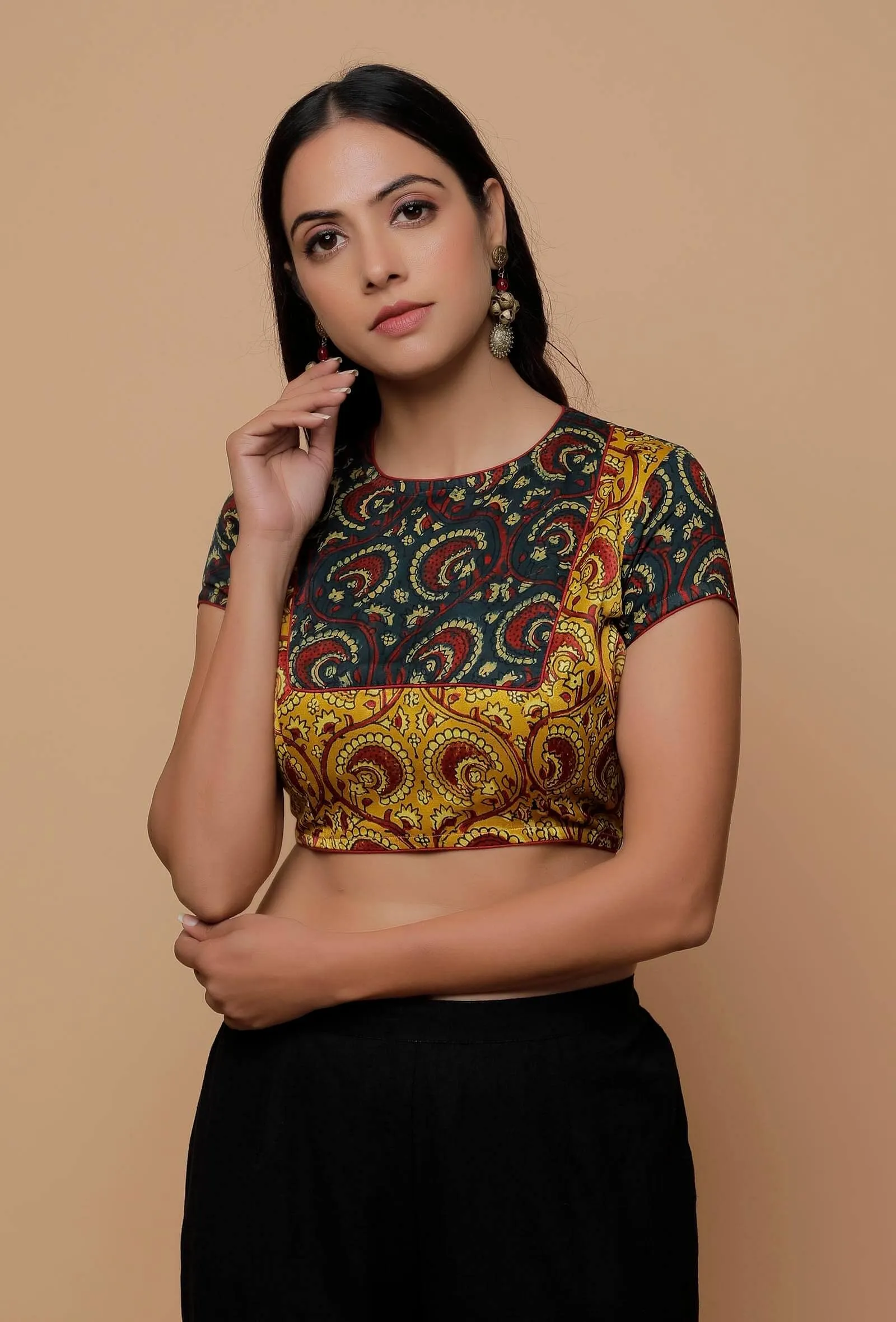 Bottle Green And Yellow  Printed Mashru Back Key Hole Blouse