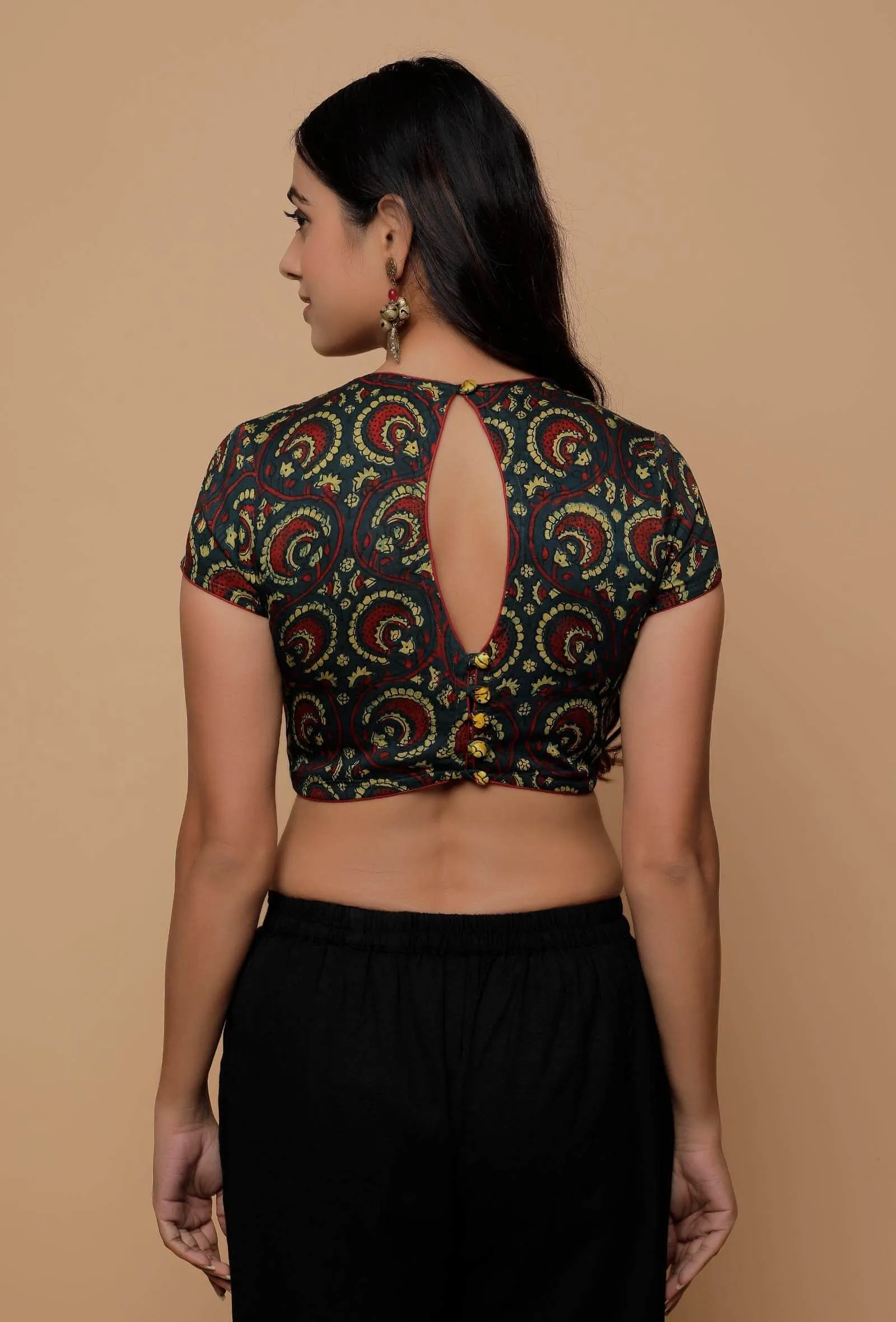 Bottle Green And Yellow  Printed Mashru Back Key Hole Blouse