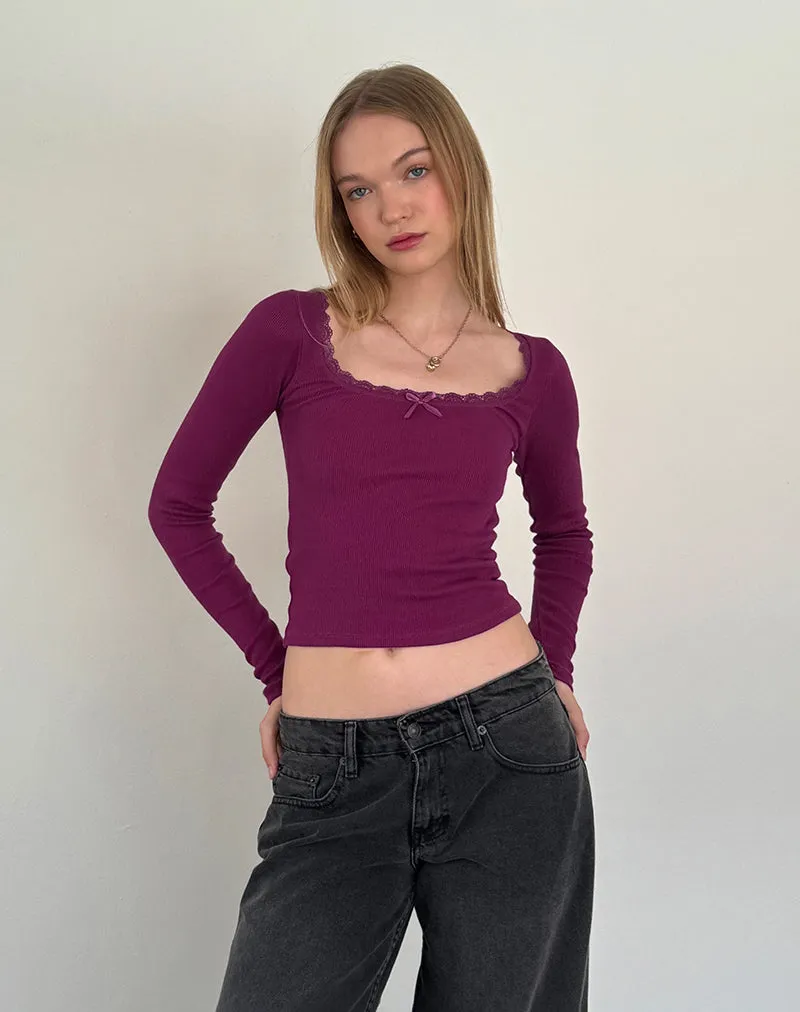 Bovita Long Sleeve Ribbed Top in Berry