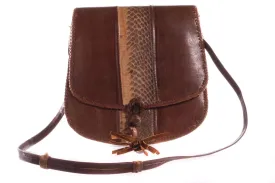 Brown Leather Cross Body Handbag with Tassle Front and Snake Skin Detail.