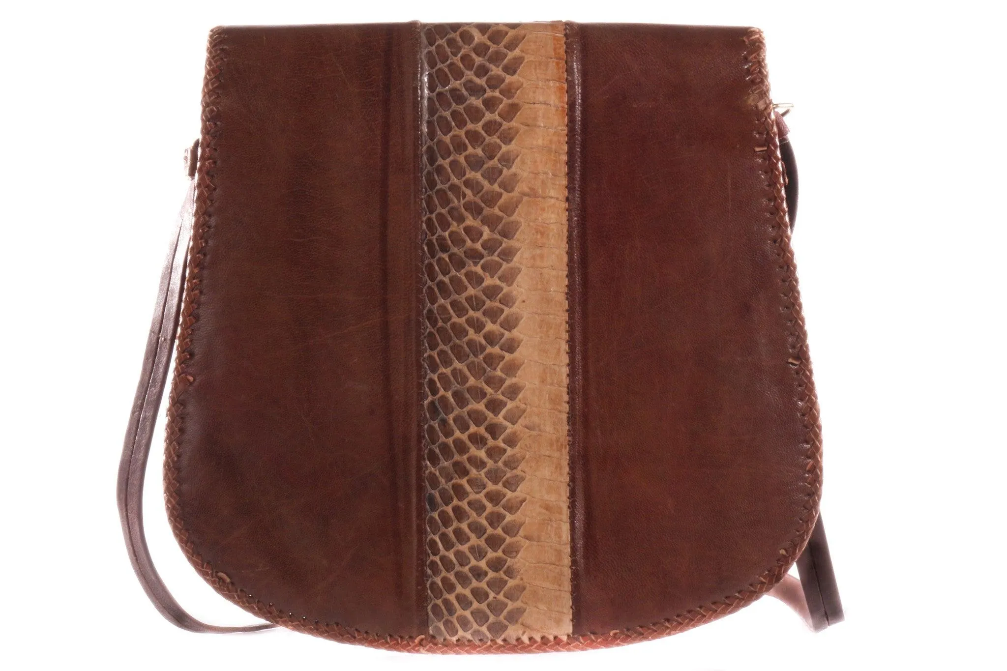 Brown Leather Cross Body Handbag with Tassle Front and Snake Skin Detail.