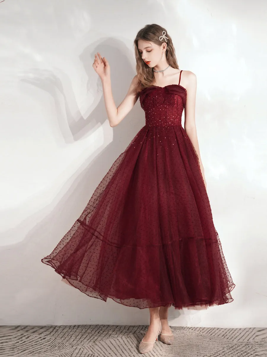 Burgundy Polka Dot Tea Length Prom Dress Wedding Dress