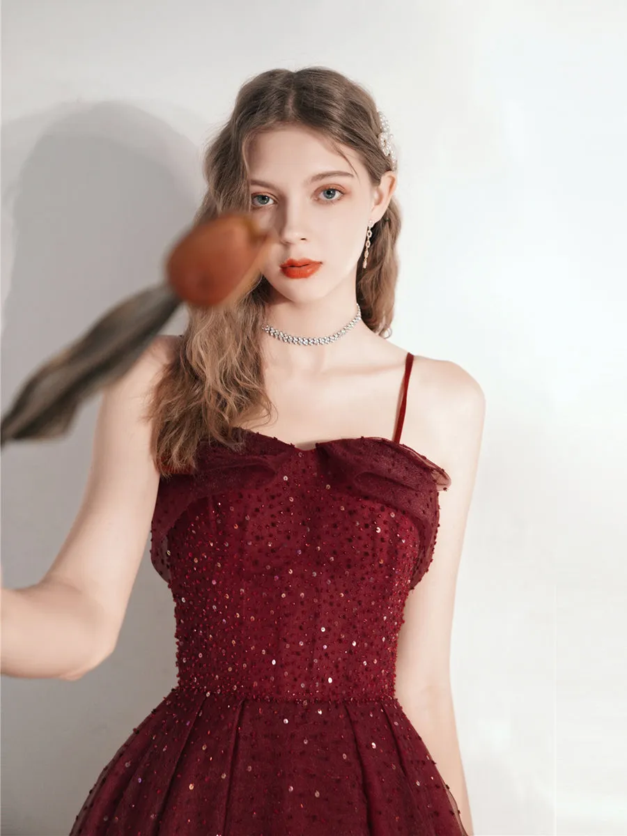 Burgundy Polka Dot Tea Length Prom Dress Wedding Dress