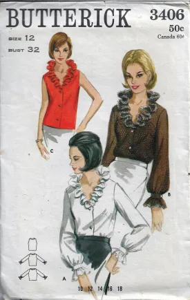 Butterick 3406 Ruffle Neck Blouse Vintage Sewing Pattern 1960s