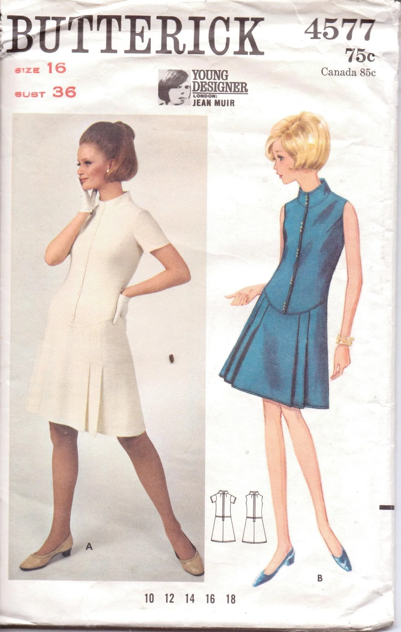 Butterick 4577 Ladies A-Line Dress Low Waist Jean Muir Young Designer Vintage 1960's Sewing Pattern