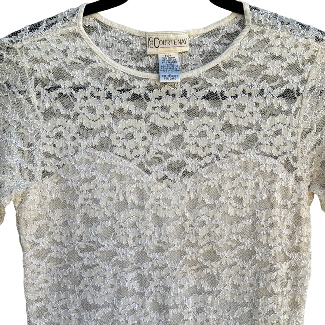 C C Courtenay Vintage Women's Sweetheart Neckline Floral Lace Short Sleeve Top L