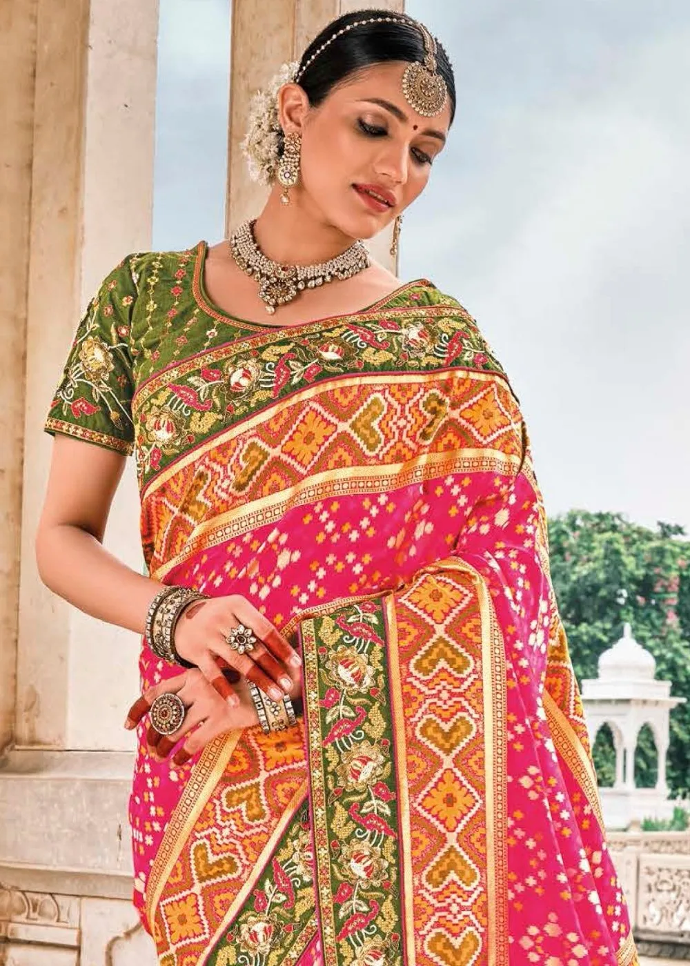 Cherry Pink Bandhej Patola Silk Saree with Embroidered Blouse