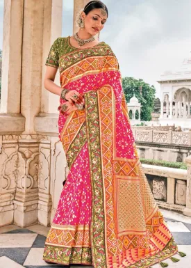 Cherry Pink Bandhej Patola Silk Saree with Embroidered Blouse