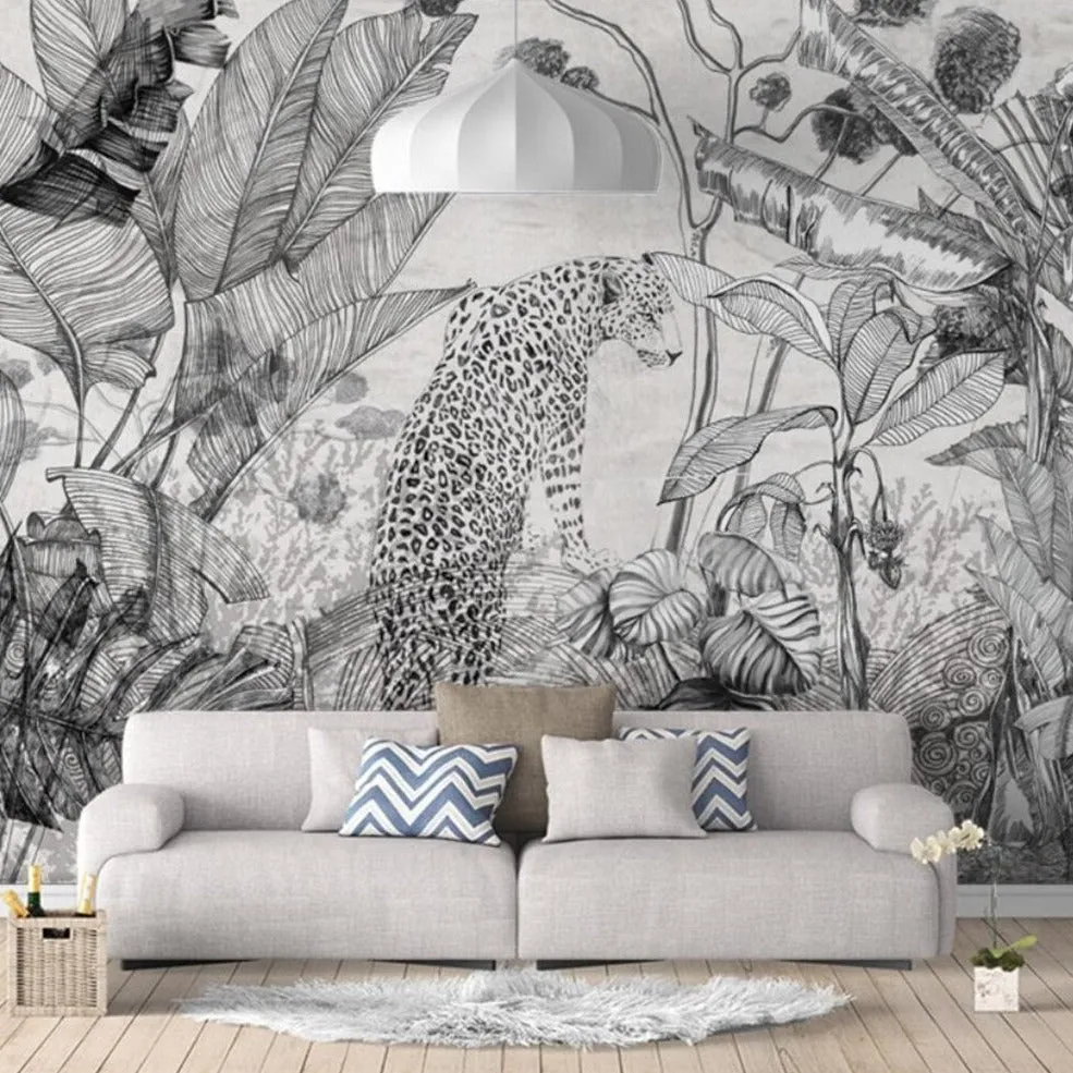 Custom Wallpaper Mural Black and White Retro Tropical Plant (㎡)