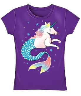 Dawhud Direct Unicorn Mermaid Purple Girls Fitted Tee Shirt (Medium 7/8