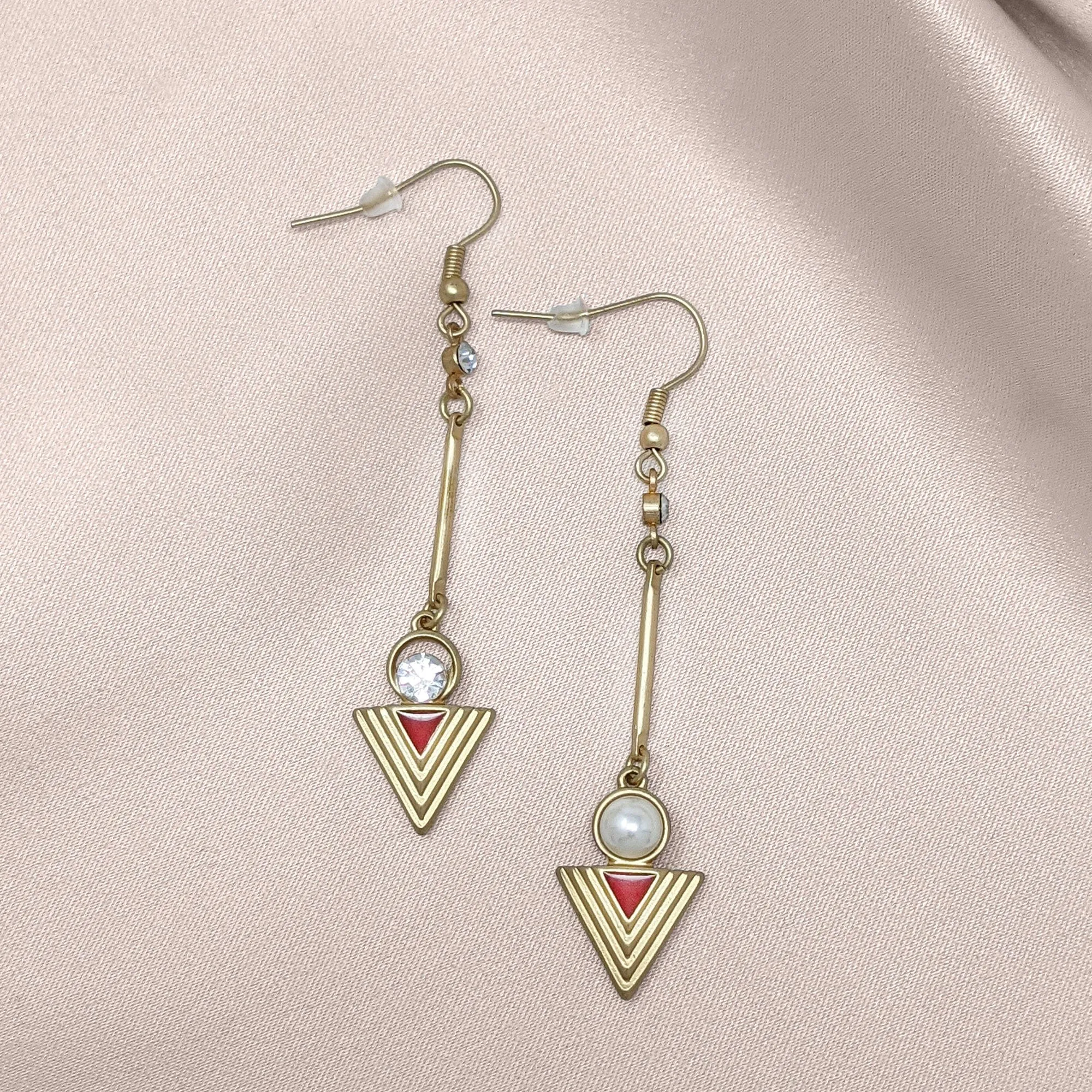 Deco pyramid long drop earring (RED)