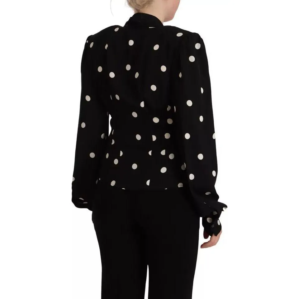 Dolce & Gabbana Black Polka Dots Silk Pussy Bow Long Sleeves Top