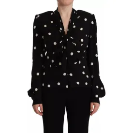 Dolce & Gabbana Black Polka Dots Silk Pussy Bow Long Sleeves Top