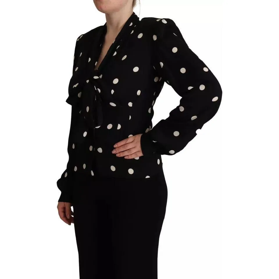 Dolce & Gabbana Black Polka Dots Silk Pussy Bow Long Sleeves Top