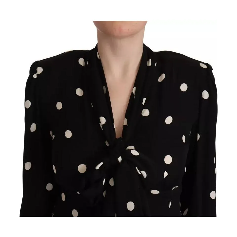 Dolce & Gabbana Black Polka Dots Silk Pussy Bow Long Sleeves Top