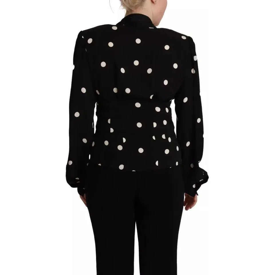 Dolce & Gabbana Black Polka Dots Silk Pussy Bow Long Sleeves Top