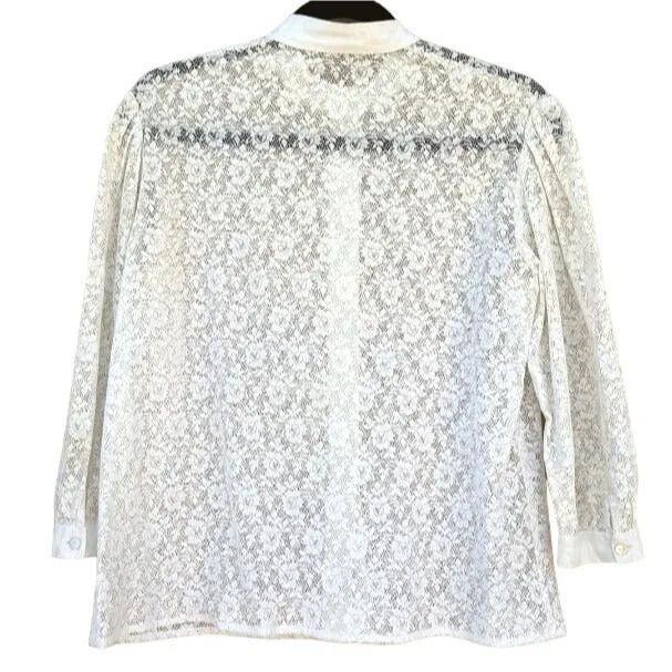 Floral Lace Vintage Semi Sheer Nehru Collar Pleated Shoulder Long Sleeve Blouse