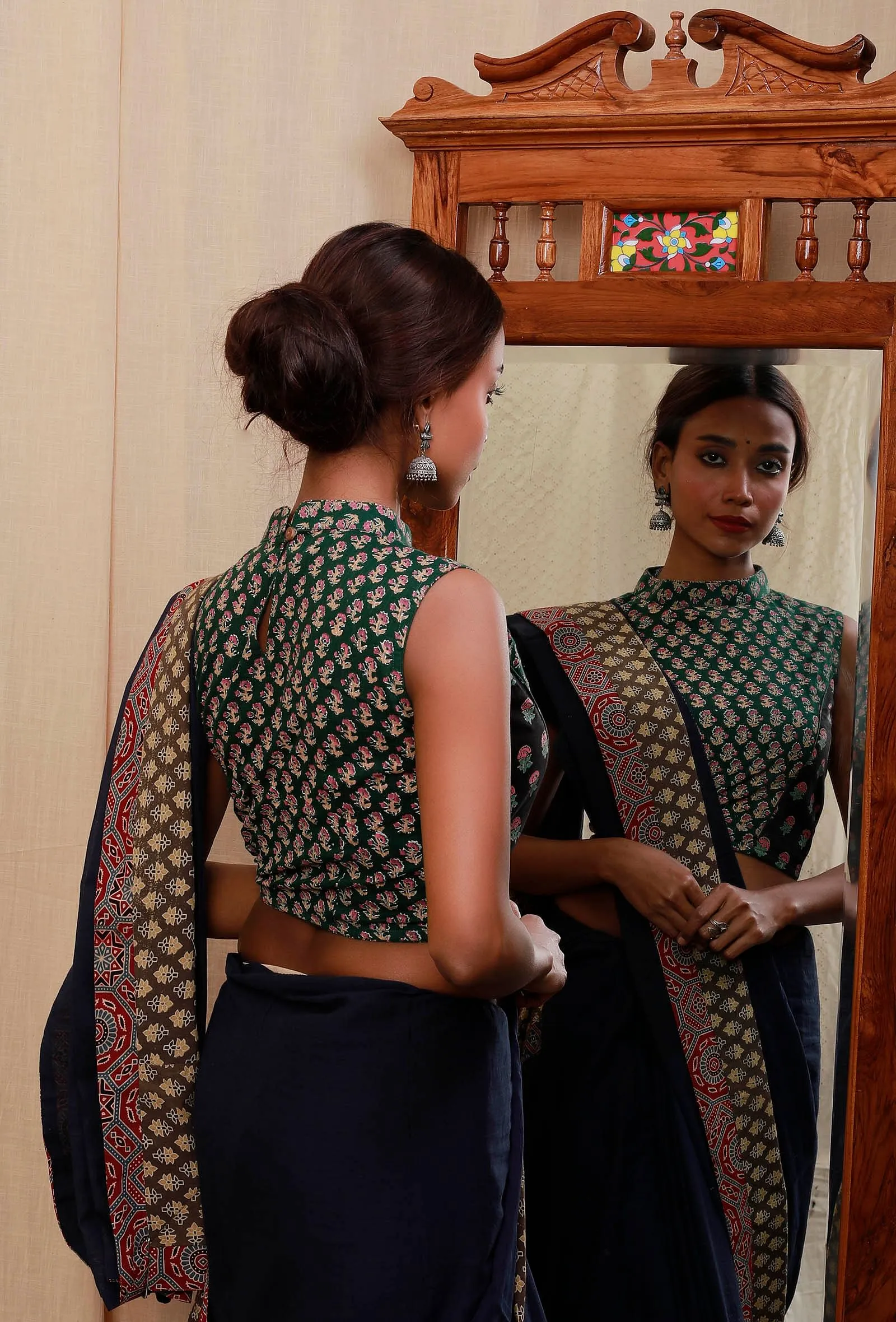 Green And Black Block Printed Cotton Blouse