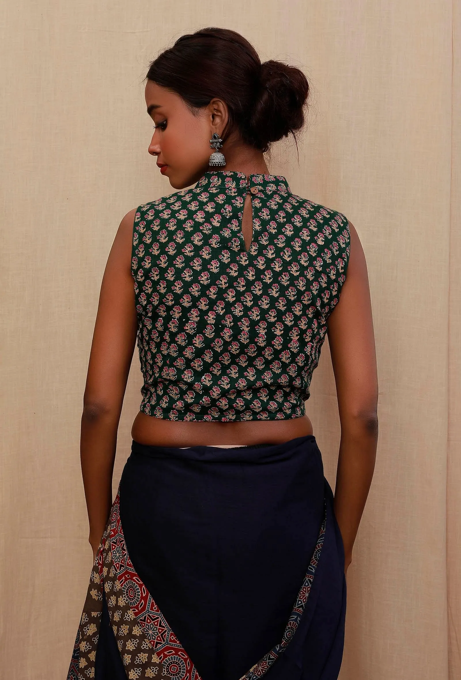 Green And Black Block Printed Cotton Blouse