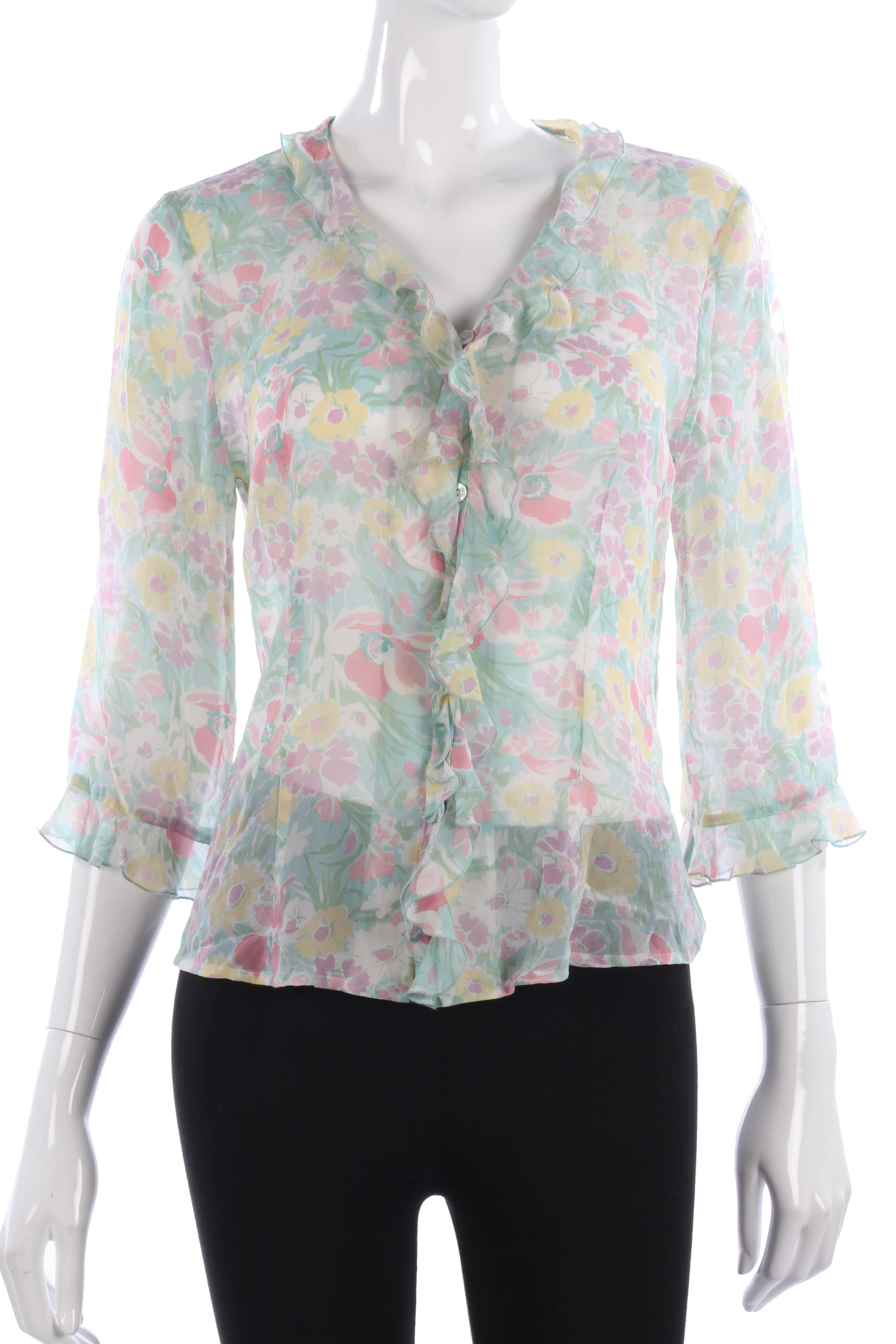 Green floral silk blouse size M