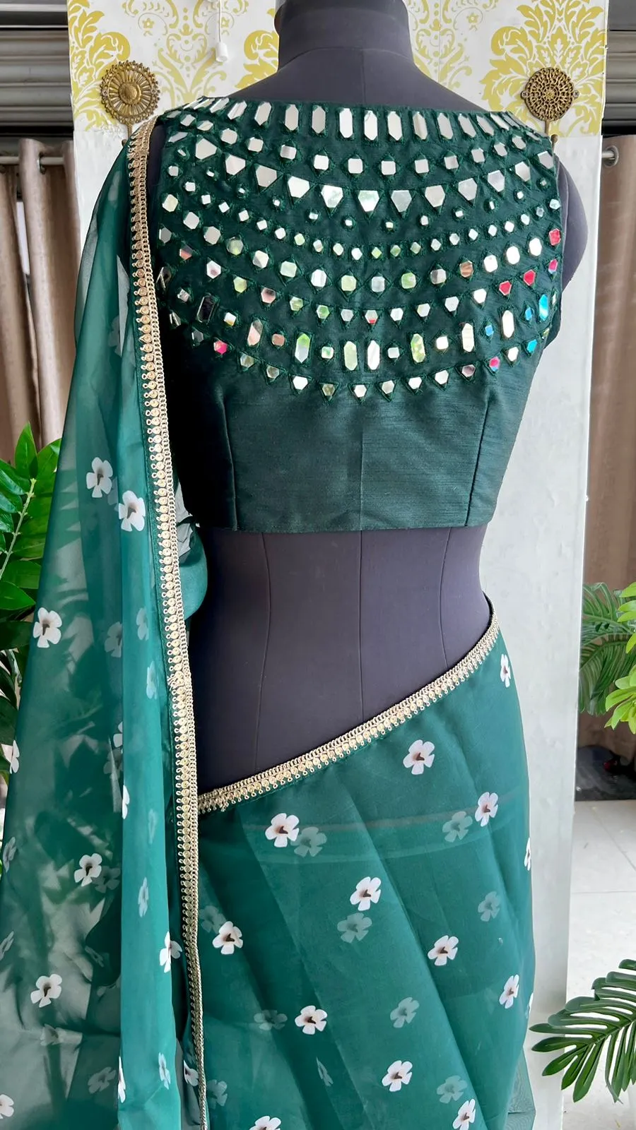 Green organza floral saree with green original mirror work blouse