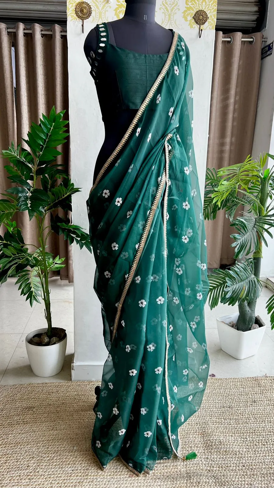 Green organza floral saree with green original mirror work blouse