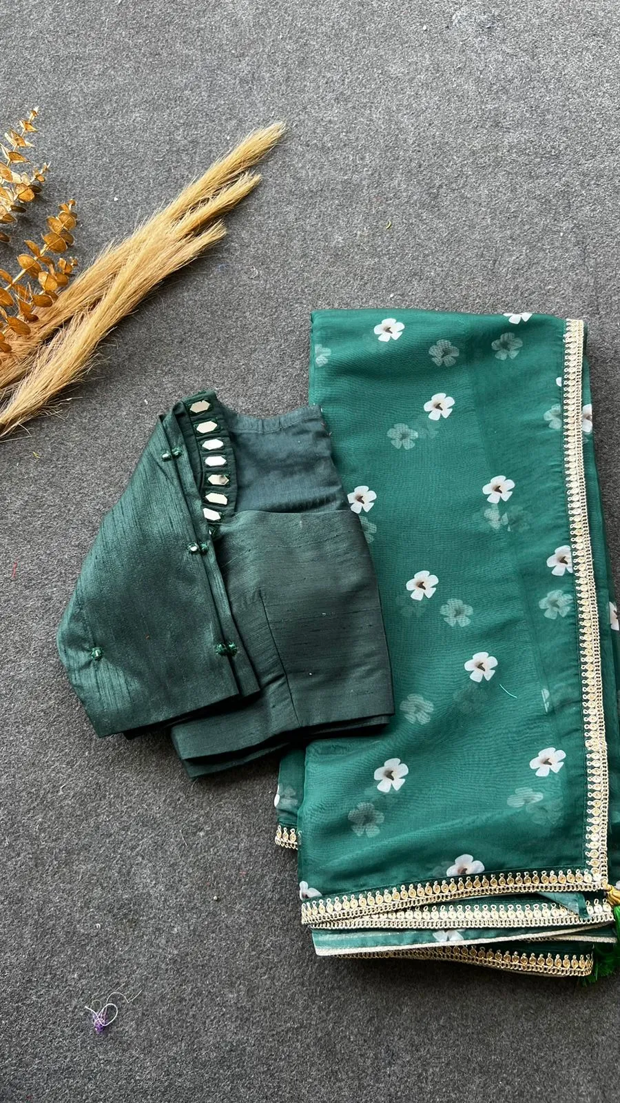 Green organza floral saree with green original mirror work blouse