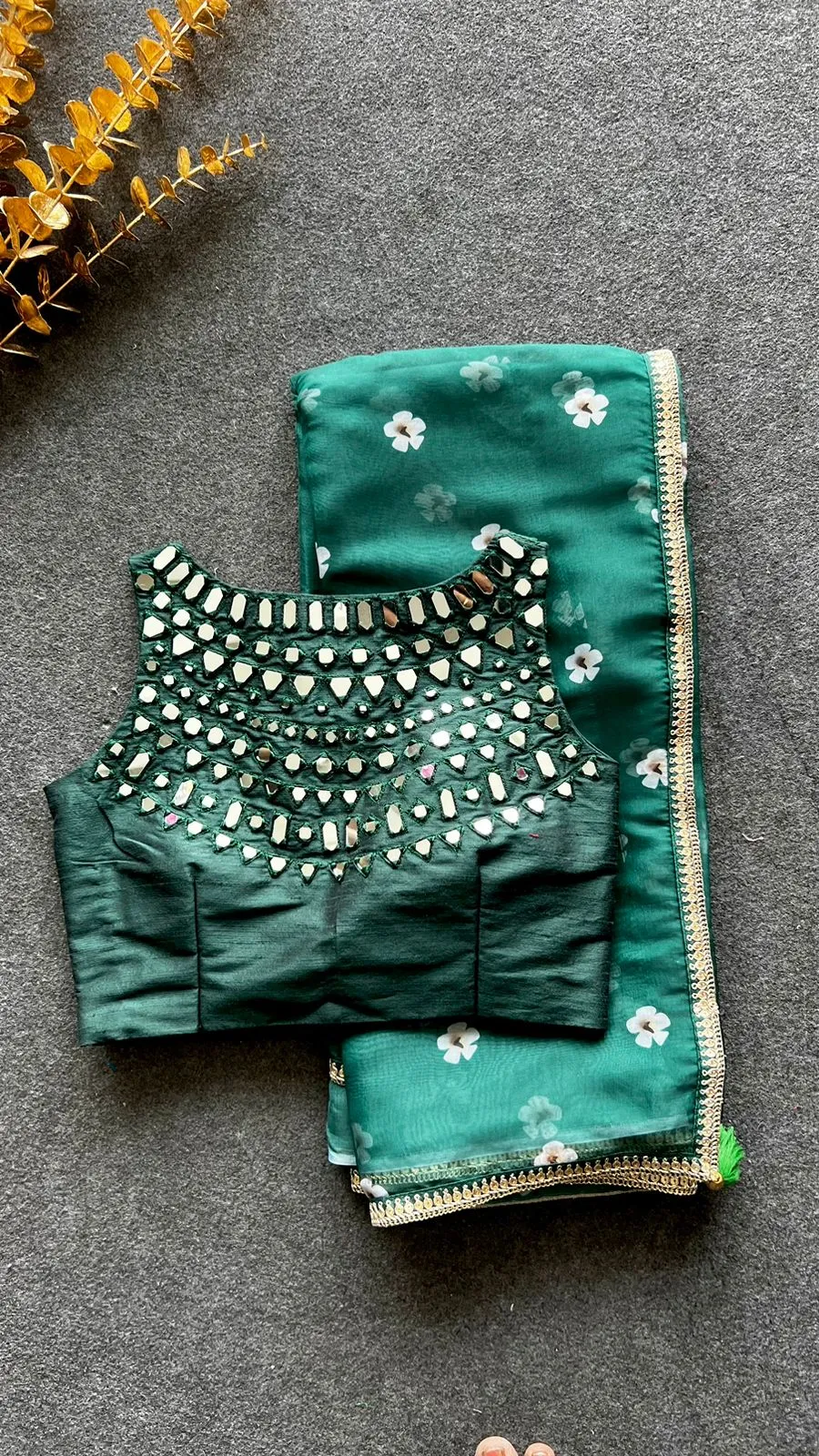 Green organza floral saree with green original mirror work blouse