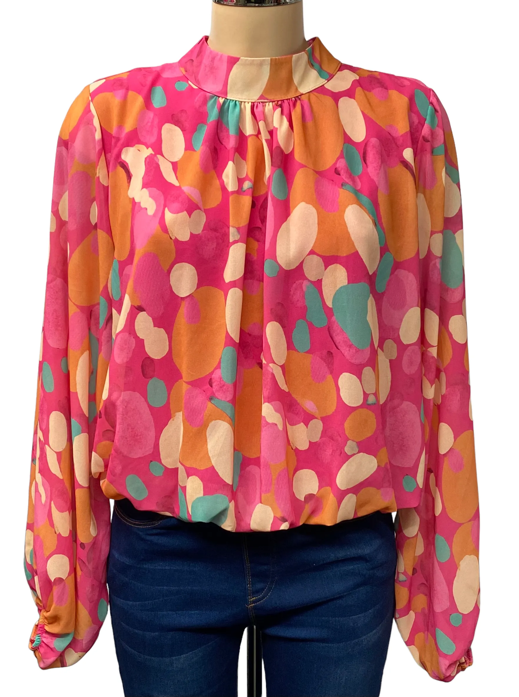 High Neck Bubble Hem Print Blouse (7 Colours and Prints)