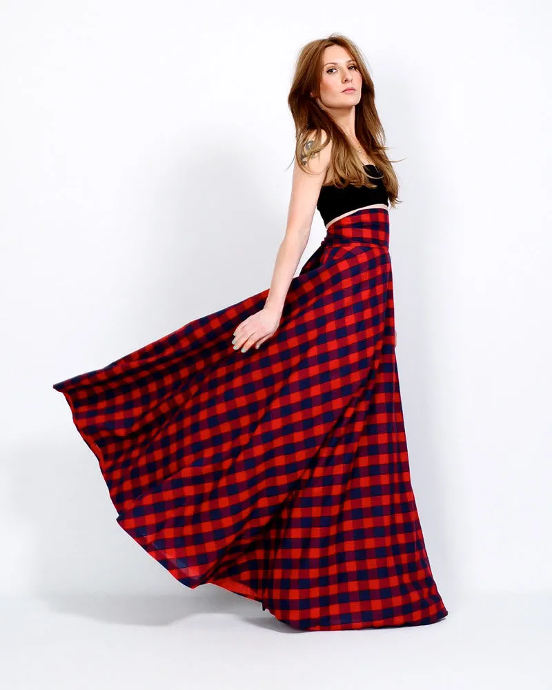 High Waisted Plaid Maxi Skirt