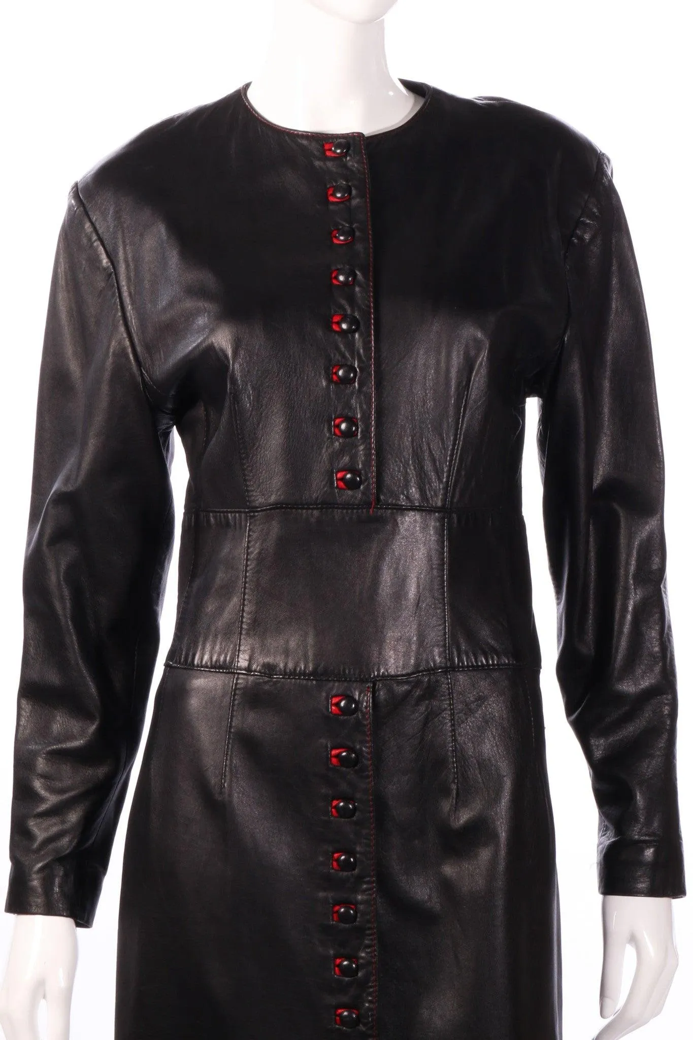 Jaeger Vintage Black Leather Dress with Red Accent Button Detail Size S (UK10)