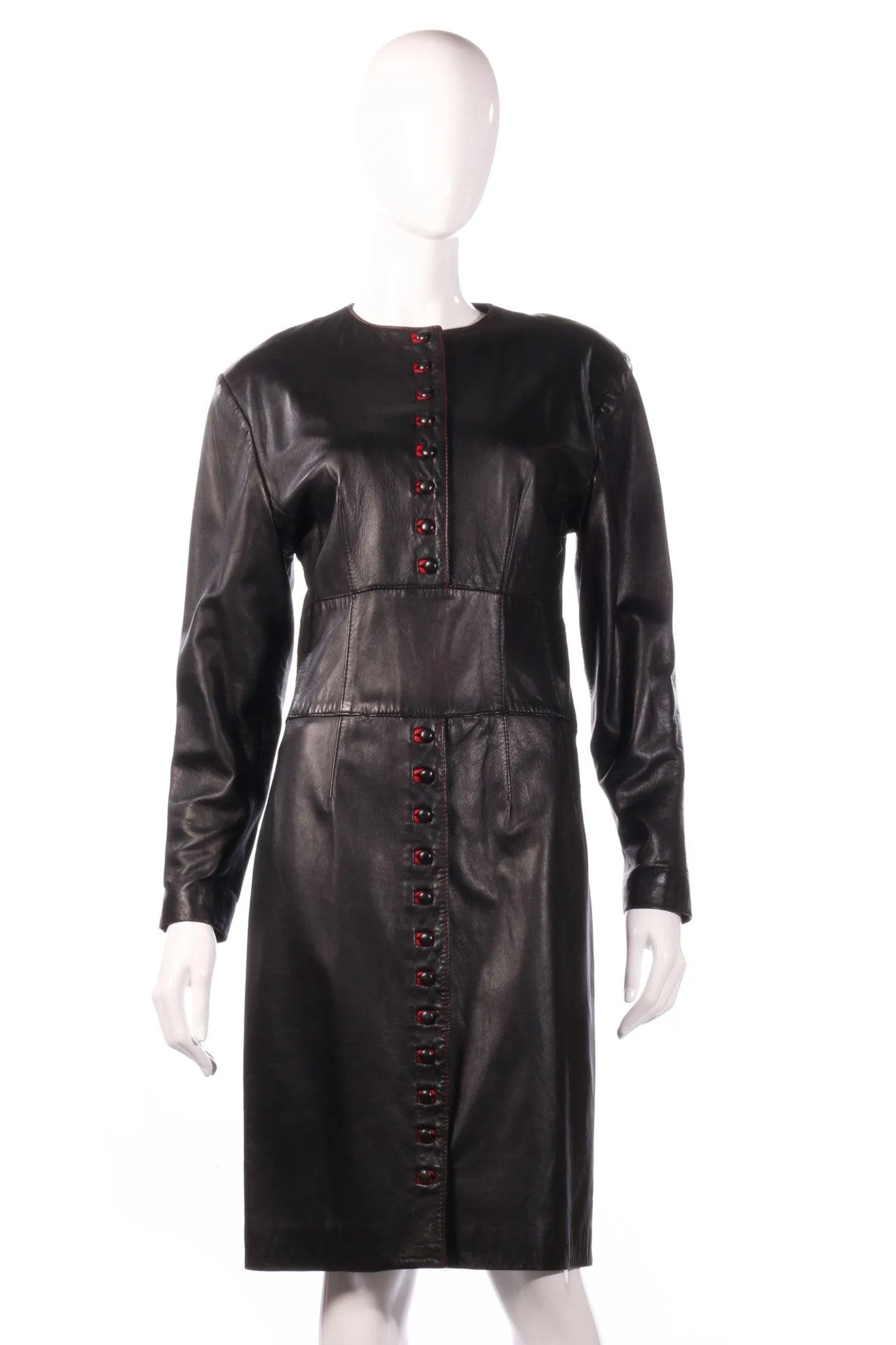 Jaeger Vintage Black Leather Dress with Red Accent Button Detail Size S (UK10)