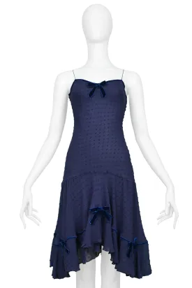 JOHN GALLIANO NAVY BLUE SWISS DOT SILK SLIP DRESS WITH BLUE VELVET BOWS