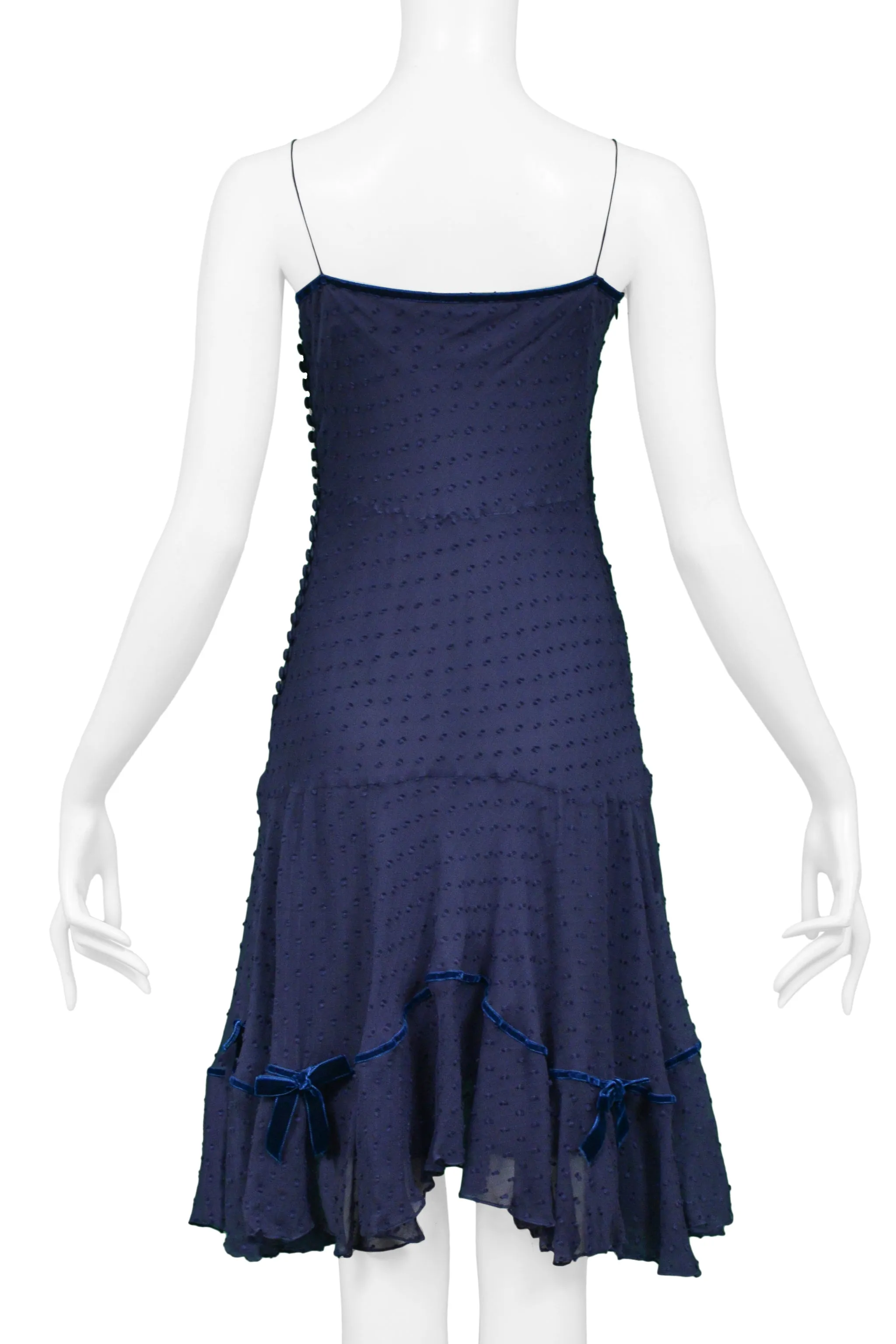 JOHN GALLIANO NAVY BLUE SWISS DOT SILK SLIP DRESS WITH BLUE VELVET BOWS