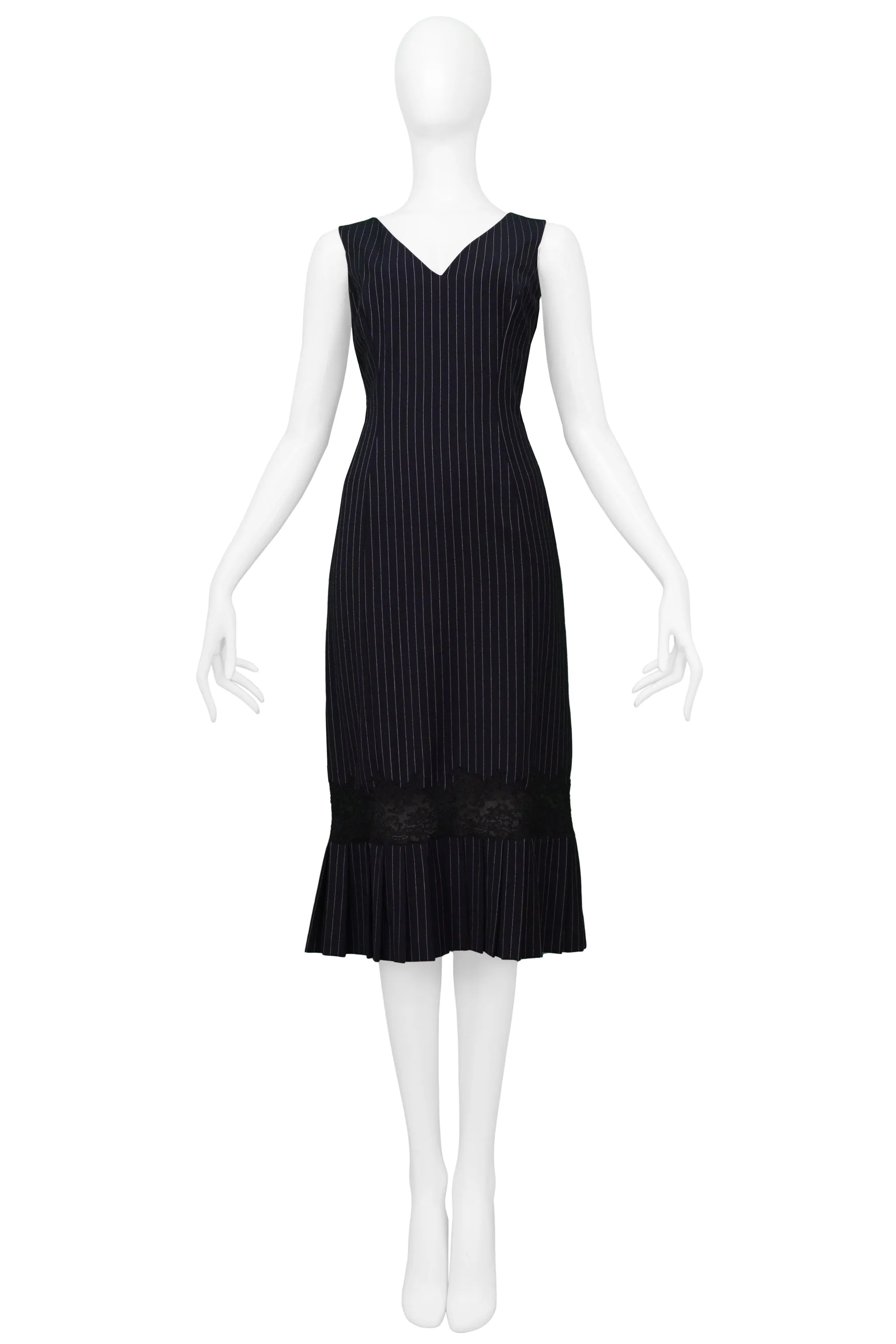 JOHN GALLIANO NAVY PINSTRIPE DRESS WITH LACE INSET