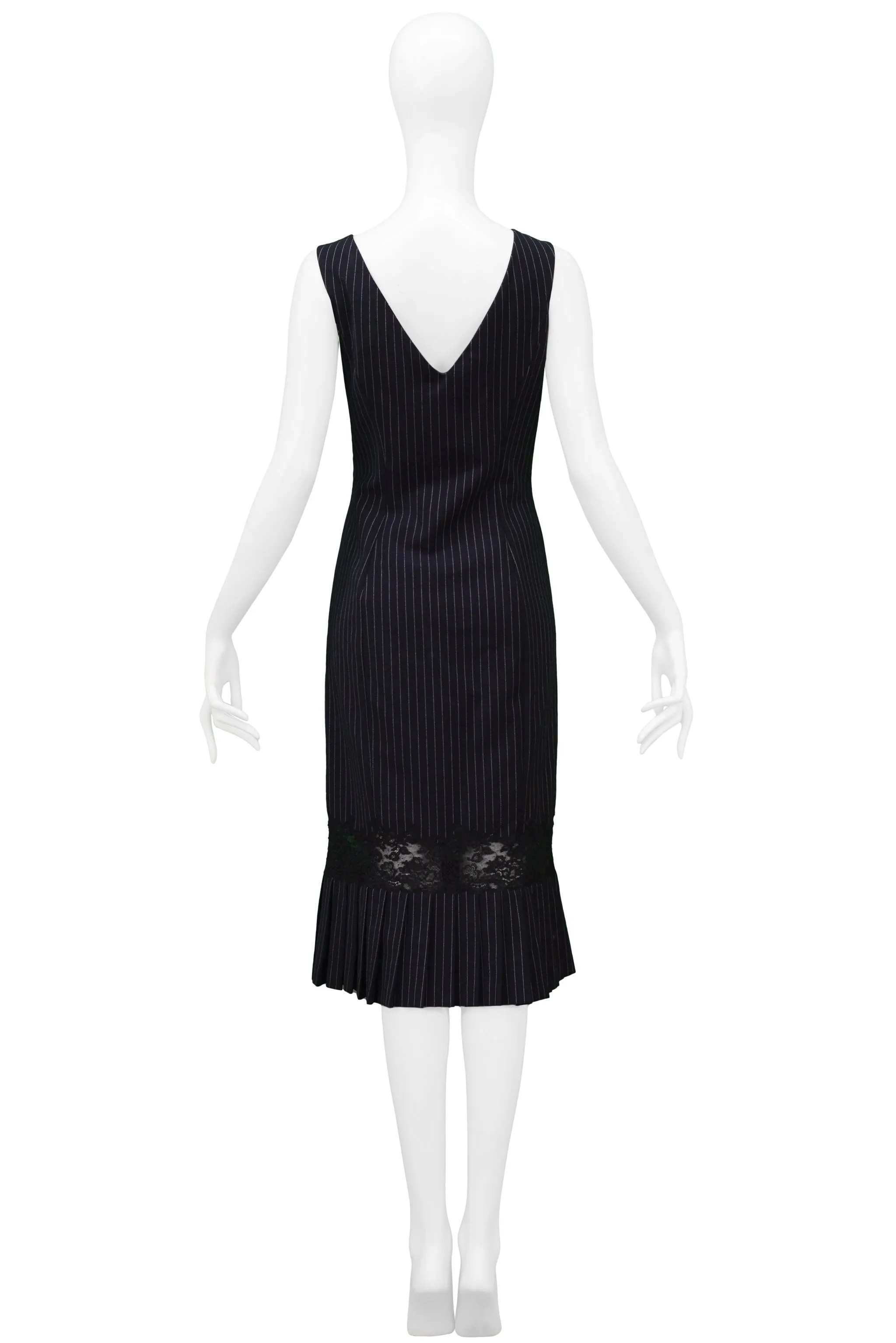 JOHN GALLIANO NAVY PINSTRIPE DRESS WITH LACE INSET