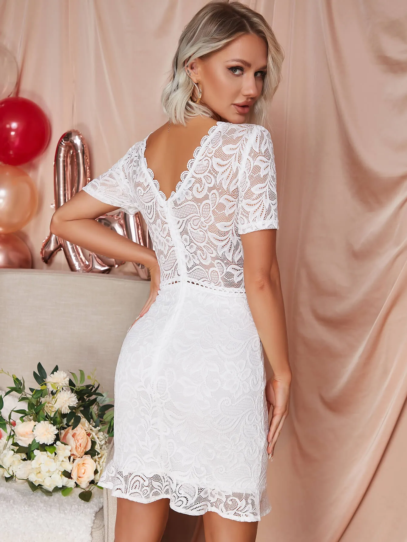 Lace Plunge Zip-Back Mini Dress