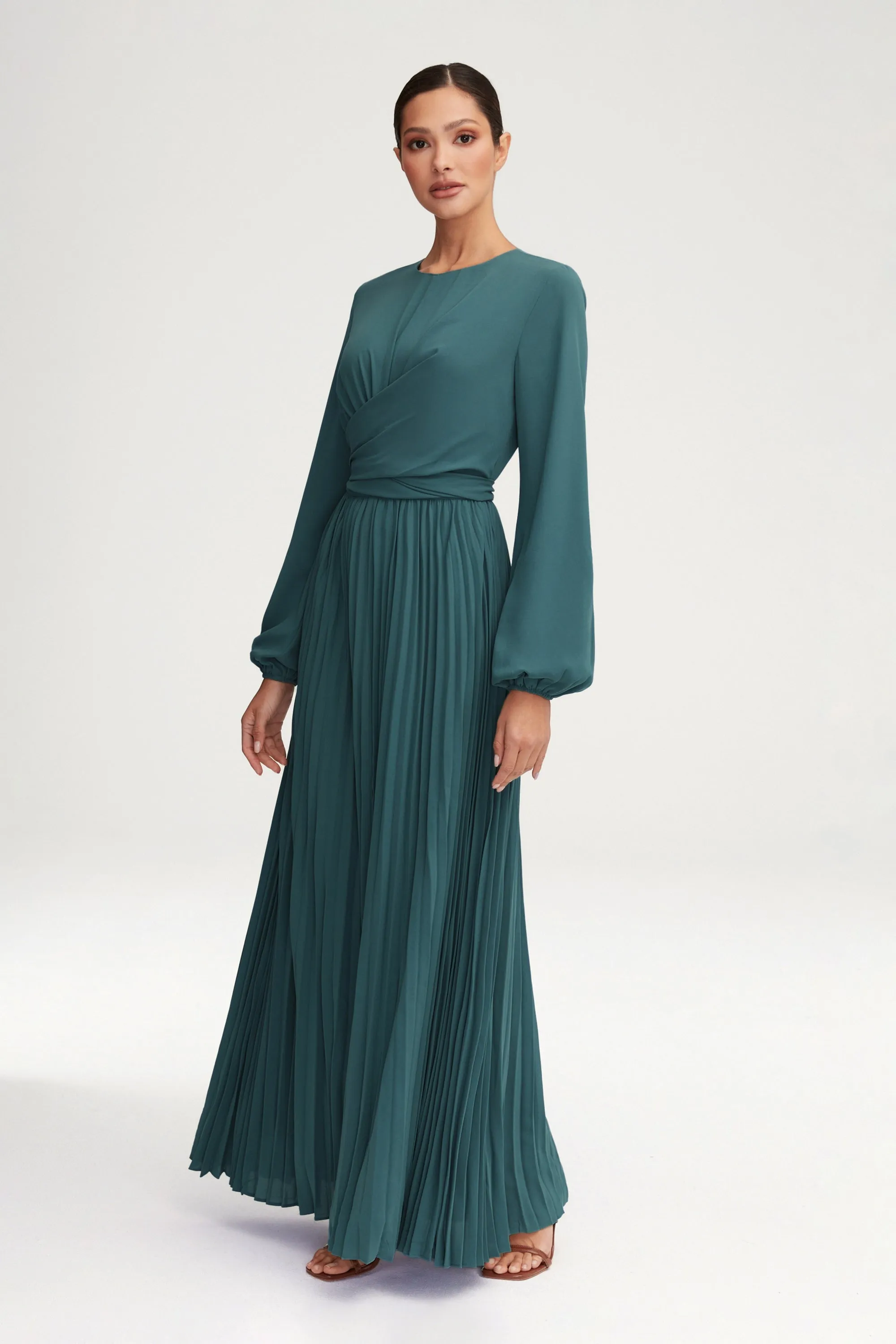 Layana Pleated Wrap Waist Maxi Dress - Dark Sea Green