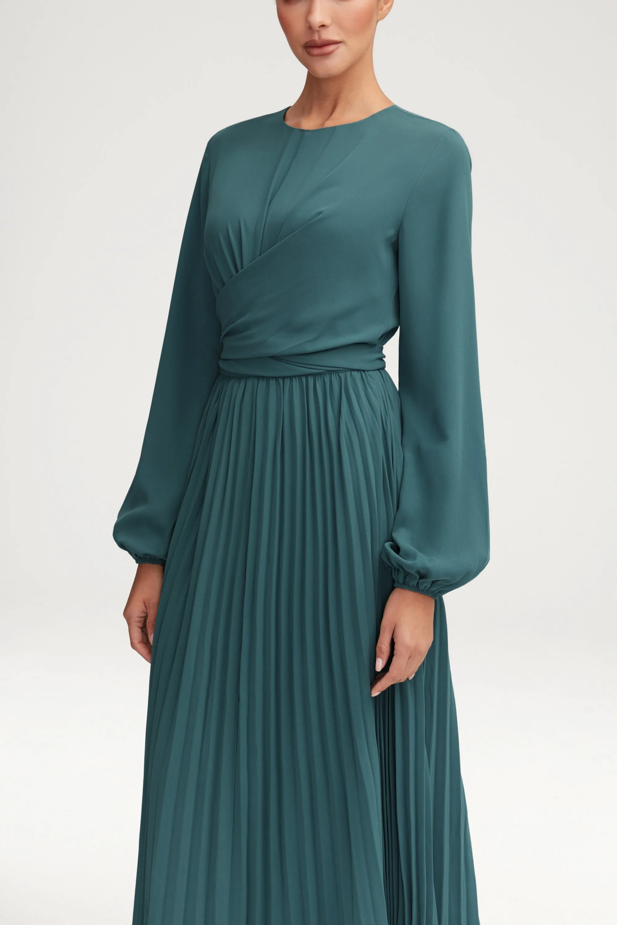 Layana Pleated Wrap Waist Maxi Dress - Dark Sea Green