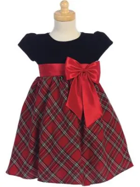 Lito Baby Girls Red Black Velvet Plaid Taffeta Bow Christmas Dress 3-24M