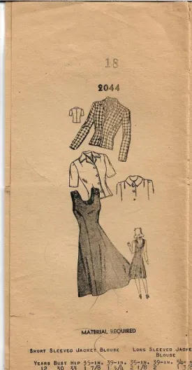 Mail Order 2044 Ladies Jumper Dress Blouse Jacket Vintage Sewing Pattern 1940s