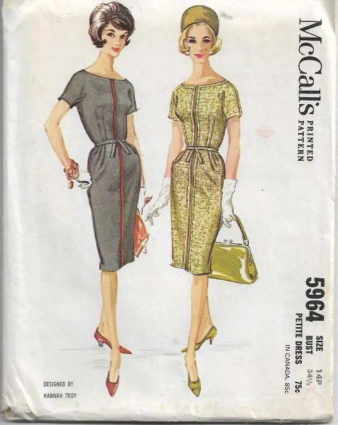 McCalls 5964 Ladies Petite Slim Sheath Dress Vintage Sewing Pattern 1960s